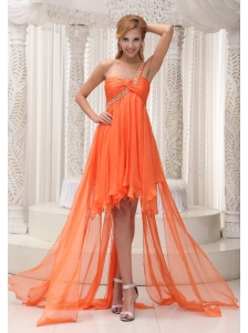 Beaded Decorate One Shoulder Ruched Bodice Orange Chiffon High-low A-line Prom / Homecoming Dress For 2013