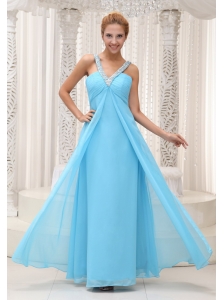 Beaded Decorate V-neck Ruched Bodice Aqua Blue Chiffon Prom / Evening Dress For 2013