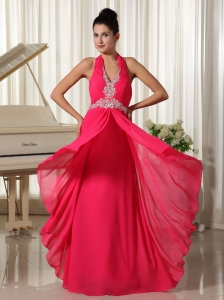 Empire Coral Red Chiffon Halter Waist Appliques With Zipper-up Prom Dress