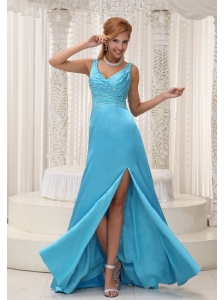 High Slit Aqua Blue Prom / Evening Dress For 2013 Straps and Beaded Decorate Up Bodice Gown