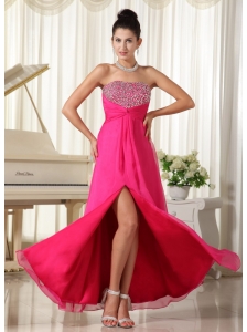 High Slit Strapless and Beaded Decorate Bust Hot Pink Prom Dress