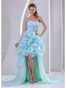 Light Blue Organza High-low Sweetheart 2013 Prom / Homecoming Dress With Beading Ruch and Ruffles Brush Train
