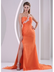Orange Red One Shoulder High Slit Court Train 2013 Plus Size Prom Pageant Dress Appliques and Ruch