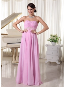 Baby Pink Chiffon Ruched Sweetheart Prom Dress With Appliques Decorate Waist