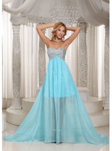 Custom Made Design Own Prom Dress With Aqua Blue Sweetheart Beaded Brush Train For Party Style