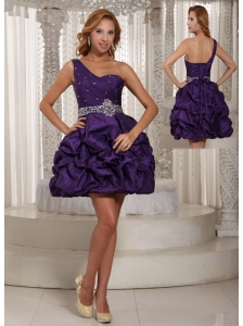 Eggplant Purple One Shoulder Beading and Pick-ups Mini-length Prom Dress For Party