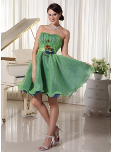 Green Cute A-line Strapless Cocktail / Homecoming Dress Oraganza Ruch and Handmade Flower Belt Mini-length
