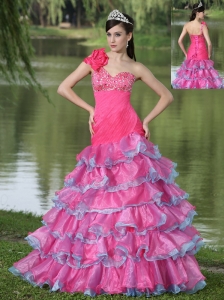 Hand Made Flower Decorate One Shoulder Beaded Decorate Bust Lovely Style For 2013 Prom / Evening Dress