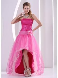 High-low Hot Pink Seqinces Decorate Hand Made Flower Prom Celebrity Dress With Organza