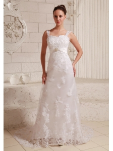 Luxurious Straps Column Lace and Satin Beach Wedding Dress With Beading Brush Train