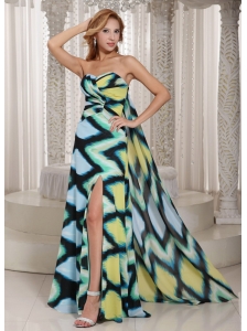 Multi-color Printing Chiffon High Slit Watteau Train Sweetheart Prom Dress