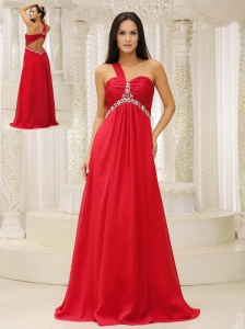One Shouder Red and Natural Waist Ruched Appliques Chiffon Modest Dress