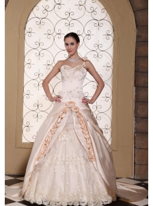 One Shoulder Champagne Ball Gown Wedding Dress For 2013 Hand Made Flowers and Embroidery On Satin