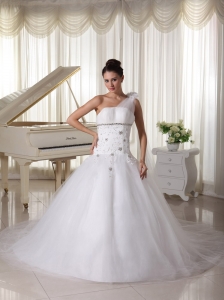 One Shoulder Wedding Gown With Appliques and Beading Tulle Watteau Train