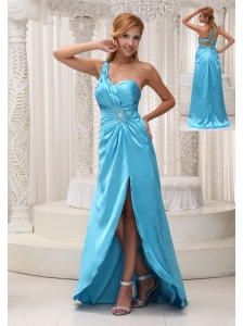 Ruched Decorate One Shoulder High Slit Aqua Blue Taffeta Prom / Evening Dress For 2013 Beaded Decorate Waist