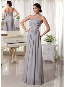Simple Grey Empire Modest Dress With Ruch and Beading Chiffon