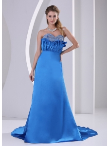 Sky Blue A-line Sweetheart Beaded Modest Dress With Court Train Satin