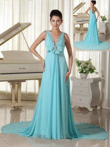 V-neck Hand Made Flower Decorate Bust Aqua Blue Prom Dress For Formal Eveing