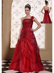 Wine Red One Shoulder Prom Dress For 2013 A-line Gown Hand Made Flowers In Organza