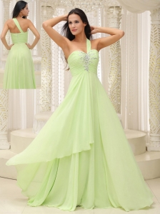 Yellow Green One Shoulder and Ruched Bodice Beaded Decorate Bust For 2013 Prom Dress