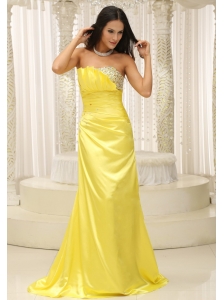 Yellow Strapless With Ruch and Beading Bodice Prom Dress Gorgeous Custom Made