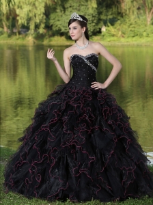 Beaded Decorate Bodice Sweetheart and Black Ball Gown For 2013 Quinceanera Dress Organza Ruffles Layered