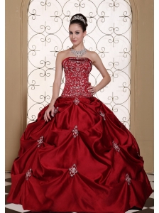 Embroidery in Wine Red Taffeta Pick-ups Strapless Modest Quinceanera Dress in New York