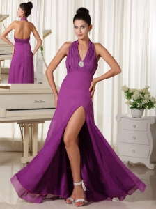 Halter High Slit Ruched Bodice Purple Homecoming Dress Floor-length