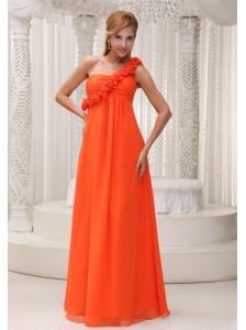 Hand Made Flowers Decorate One Shoulder Orange Chiffon Empire Floor-length For Bridesamid Dress