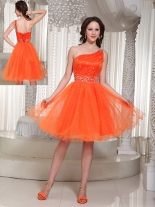 Lace-up Organza Orange Prom Dress With One Shoulder Beaded Decorate In Summer