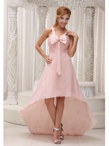 Light Pink Beautiful High-low Bridesmaid Dress For 2013 Ruched Bodice Bowknot With Beading Chiffon
