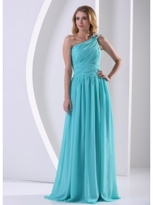 One Shoulder Ruched Bodice Aqua Blue Bridesmaid Dress For Wedding Party