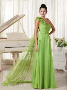One Shoulder With Hand Made Flowers Chiffon Bridesmaid Dress Watteau Train Spring Green