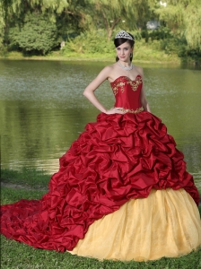 Appliques and Pick-ups Wine Red Brush Train Exquisite Style For 2013 Quinceanera Dress