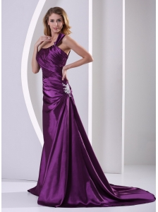 Eggplant Purple One Shoulder Mother Of The Bride Dress With Ruch and Appliques Court Train Elastic Woven Satin