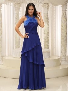 Feather Halter Top and Pleat 2013 Celebrity Dress Royal Blue For Graduation