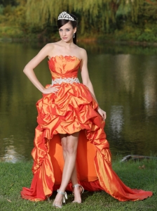 High-Low Orange Red Taffeta Dama Dresses for Quinceanera  With Strapless Lace-up