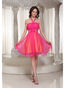 Hot Pink Halter Beaded Decorate Homecoming Dress For Cocktail With Organza