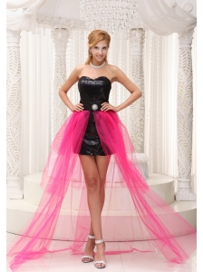 Hot Pink High-low Celebrity Dress For 2013 Black Paillette Over Skirt With Beading