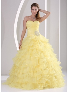 Light Yellow Ruffles Sweetheart Appliques and Ruch Quinceaners Gowns For Military Ball