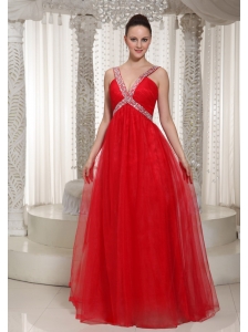 Long Evening Dress With V-neck Red Chiffon 2013