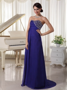 Purple Empire Chiffon Brush Train Custom Made Evening Party Dress With Beading Decorated Sweetheart