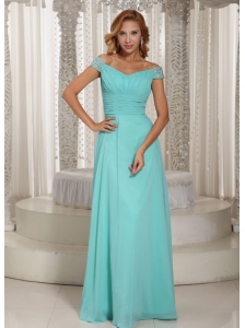 Simple Aqua Blue Off The Shoulder Ruched Bodice Customize Mother Of The Bride Dress With Beading Chiffon 2013