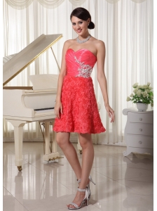 Watermelon Red Prom / Cocktail Dress Sweetheart Appliques With Beading Fabric With Rolling Flower Mini-length