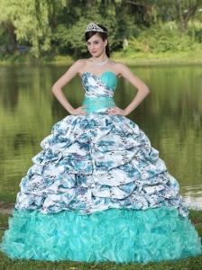 Colorful Printing and Organza Beaded Decorate Waist Pick-ups and Ruffles Brush Train Lovely Style For 2013 Quinceanera Dress