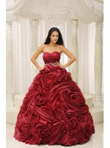 Wine Red Sweetheart Neckline Beaded Decorate Waist Hand Made Flower A-line 2013 Quinceanera Dress For Formal Evening