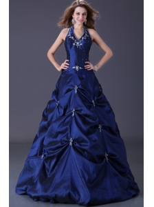 Popular Navy Blue Taffeta Prom Dresses with Pick-ups Skirt and Lace Up Back