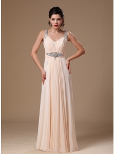 Champagne Chiffon V-neck Empire Beaded Decorate Shoulder Custom Made Prom Gowns In 2013