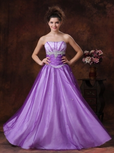 Beaded Decorate Strapless Tulle Strapless Lavender Prom Dress