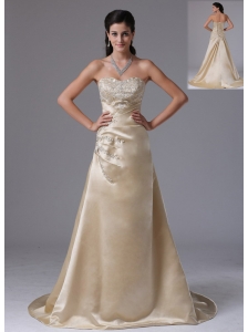 Branford Connecticut City Champagne A-line Appliques Decorate Stylish Prom Dress With Saitn